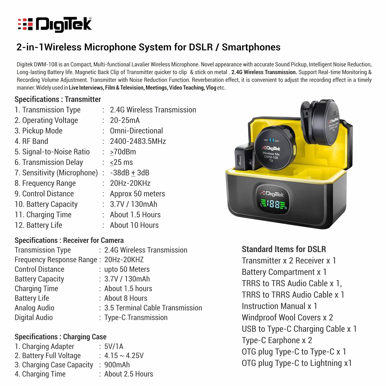 Digitek DWM-108 2-in-1 Wireless Microphone System, 360° Sound Capture, 50m Range, 10Hr Battery, Noise Cancellation, for DSLR, Android, iOS, Laptops, Perfect for Vlogging, Interviews & Video Shoots Digitek DWM-108 2-in-1 Wireless Microphone System, 360° Sound Capture, 50m Range, 10Hr Battery, Noise Cancellation, for DSLR, Android, iOS, Laptops, Perfect for Vlogging, Interviews & Video Shoots